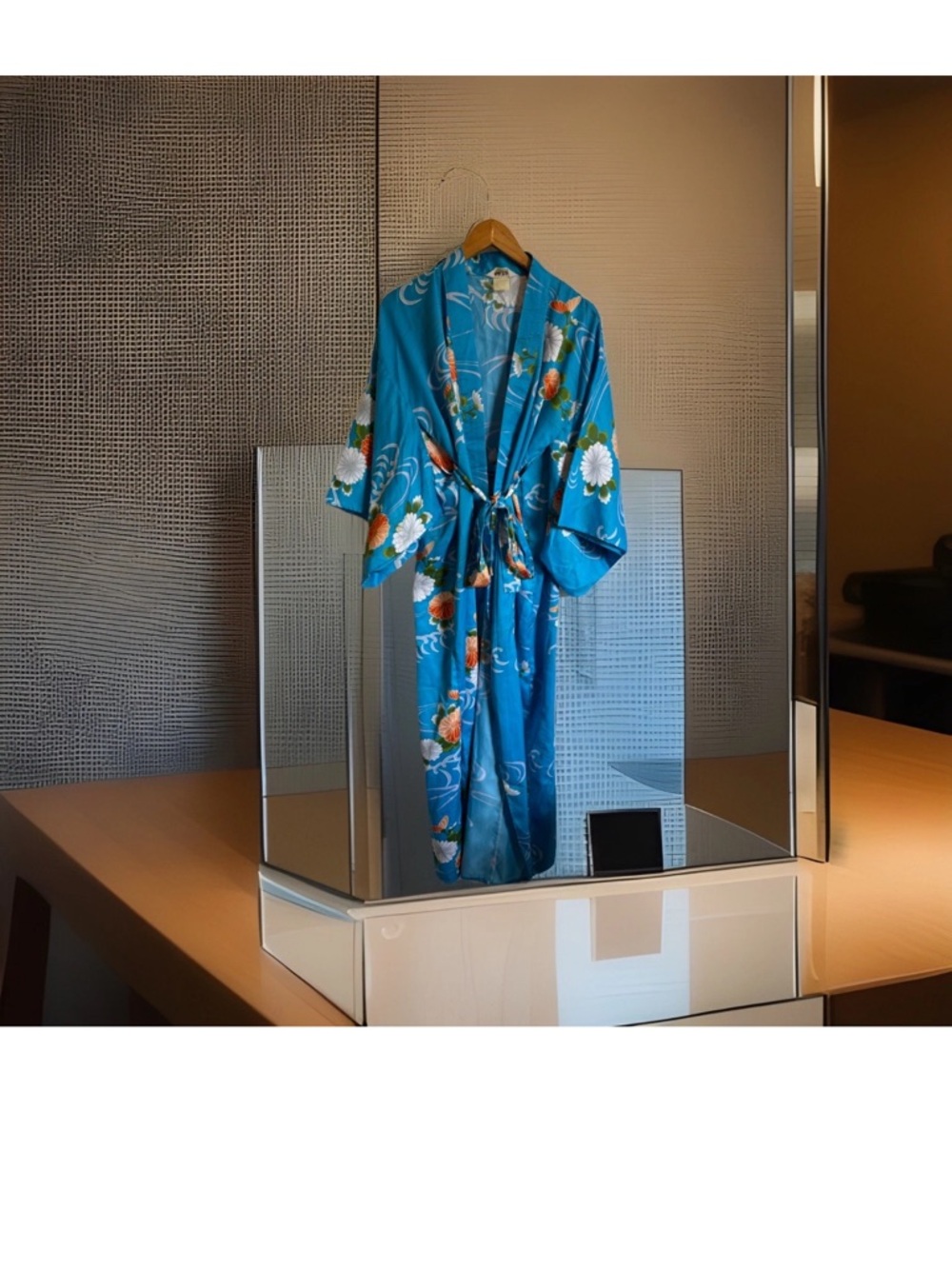 Blue Floral Satin Kimono Robe with Tie Belt